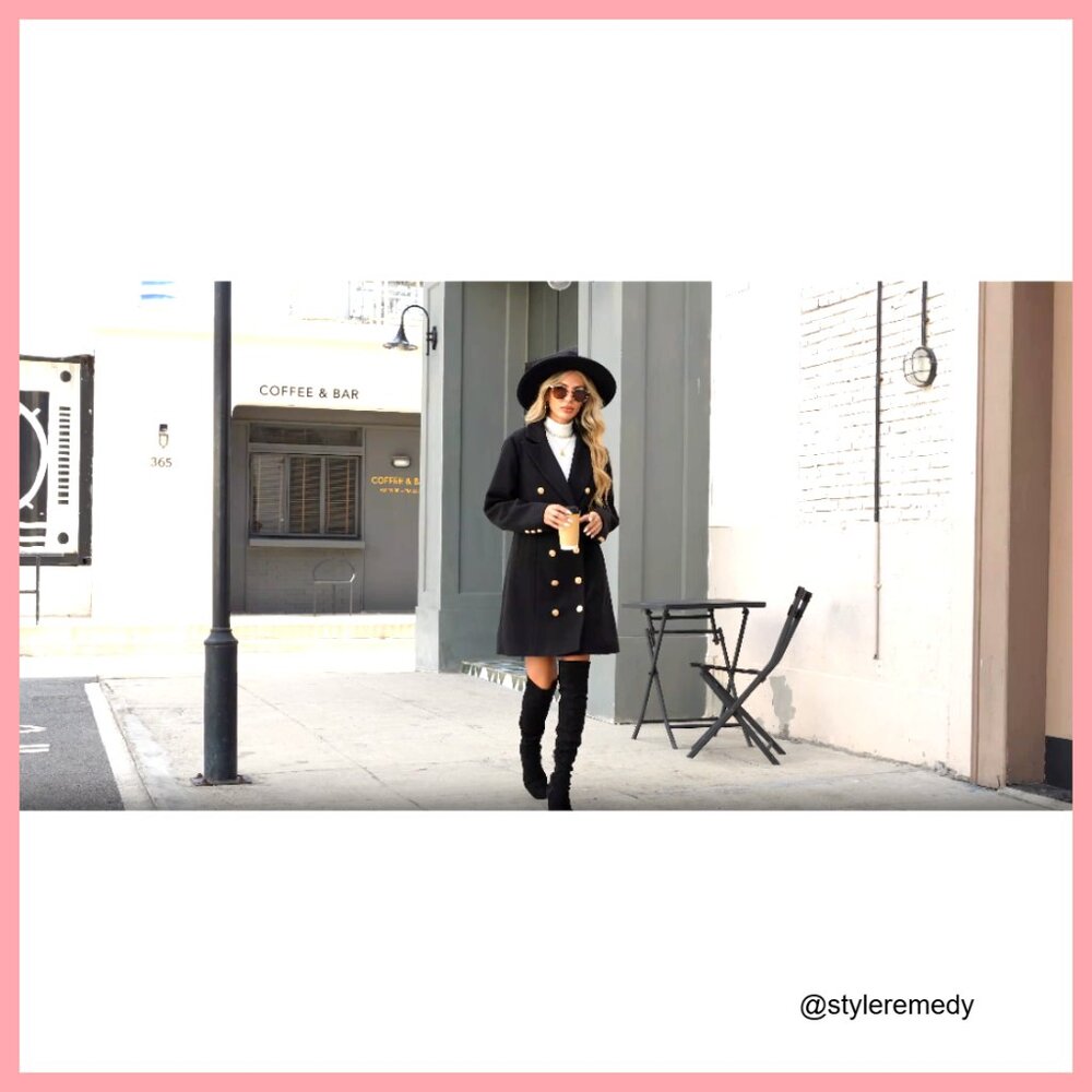 Double Breasted Wool Pea Coat, Knee-Length Midi Trench, Polyester - Picture 7 of 7